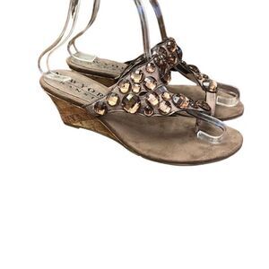 New York Transit Jeweled Wedge Sandals Bronze Slip On Toe Strap Size 7